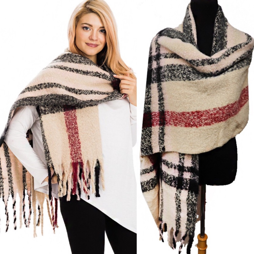 Jumbo Plaid Soft Blanket Beige Scarf!